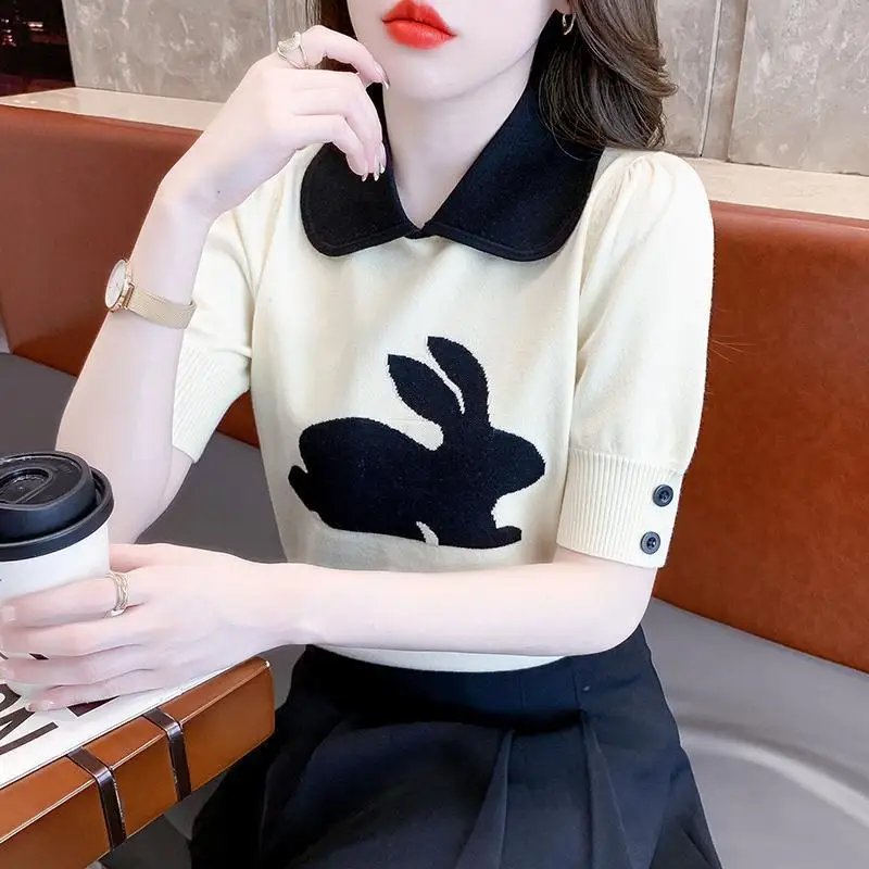 

Short sleeved pullover women summer new ins casual contrasting polo neck ice silk t-shirt unique sweater pullover female tops