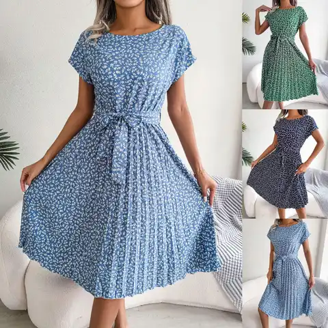 Summer Floral Pleated Midi Dress Women 2023 New High Waist Chic Long Dress with Belt Female Short Sleeve A-Line Dresses Vestidos
