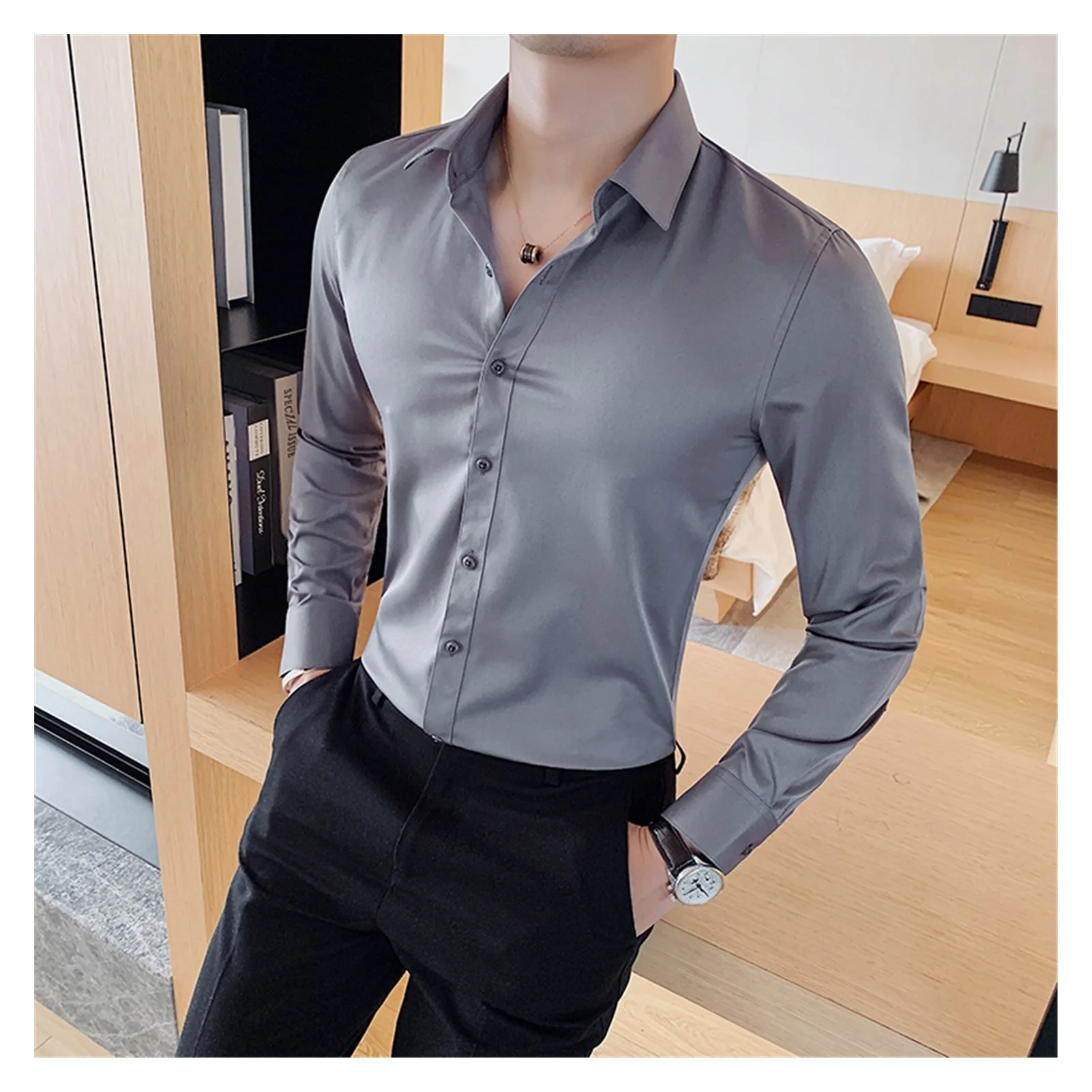 Xfh British Style New Solid Shirt Men Long Sleeve Fashion 2021 Autumn Business Formal Wear Men Shirts Slim Fit Casual Blouse