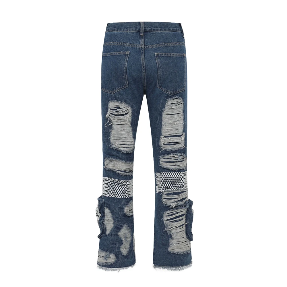 Vintage Denim Pants 2023 Men Streetwear Retro Ripped Grid Patchwork Denim Pant Jeans HipHip Casual Joggers Trousers Jeans