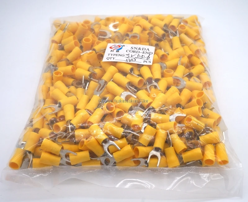 

500PCS/PACK SV 5.5-6 AWG12-10 2.63-6.64mm^2 Crimp Fork Spade Yellow Fork Terminal Brass SV5.5-6