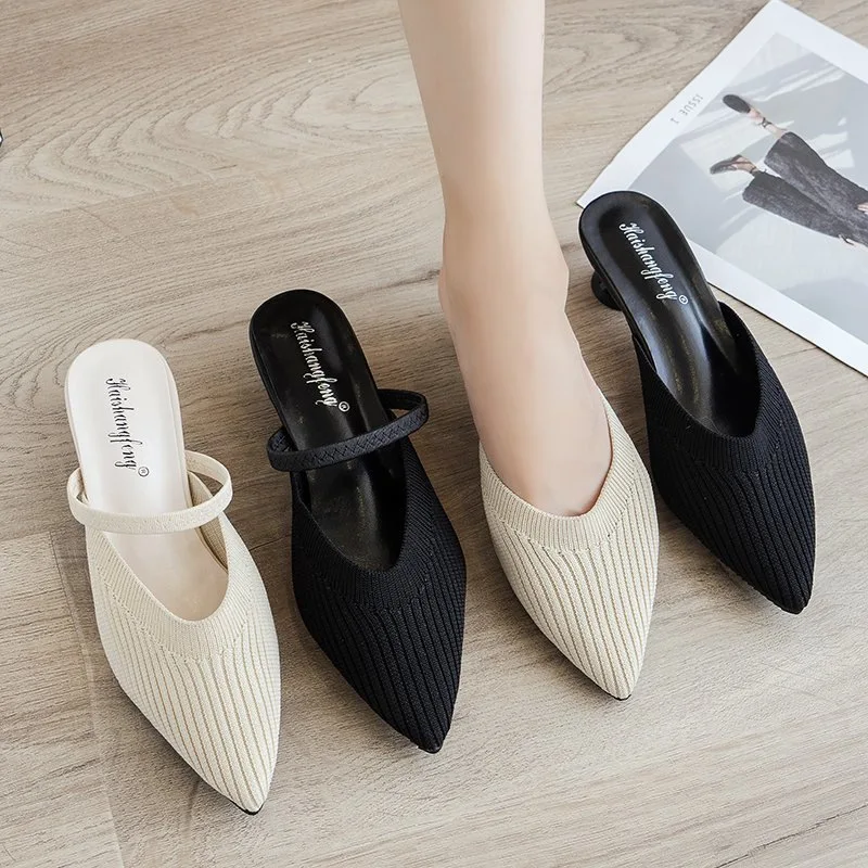 

Spring And Summer Women's Shoes Pointed Sandals Cover Feet Knitted Breathable No Heel Simple Fashion Versatile Medium Heel
