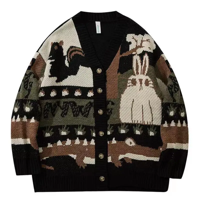 

Женский жаккардовый свитер свободного покроя, вязаный кардиган с V-образным вырезом и длинным рукавом, повседневный винтажный джемпер в Кор...