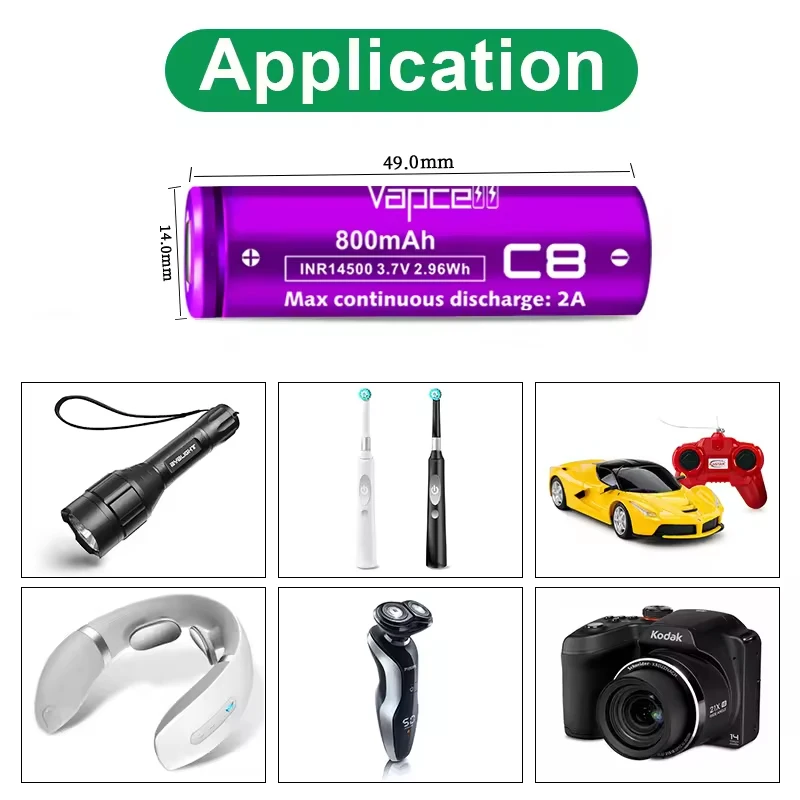 Высококачественный аккумулятор Vapcell 14500 C8 800 мАч 2 А 3 7 в INR14500 Втч перезаряжаемые