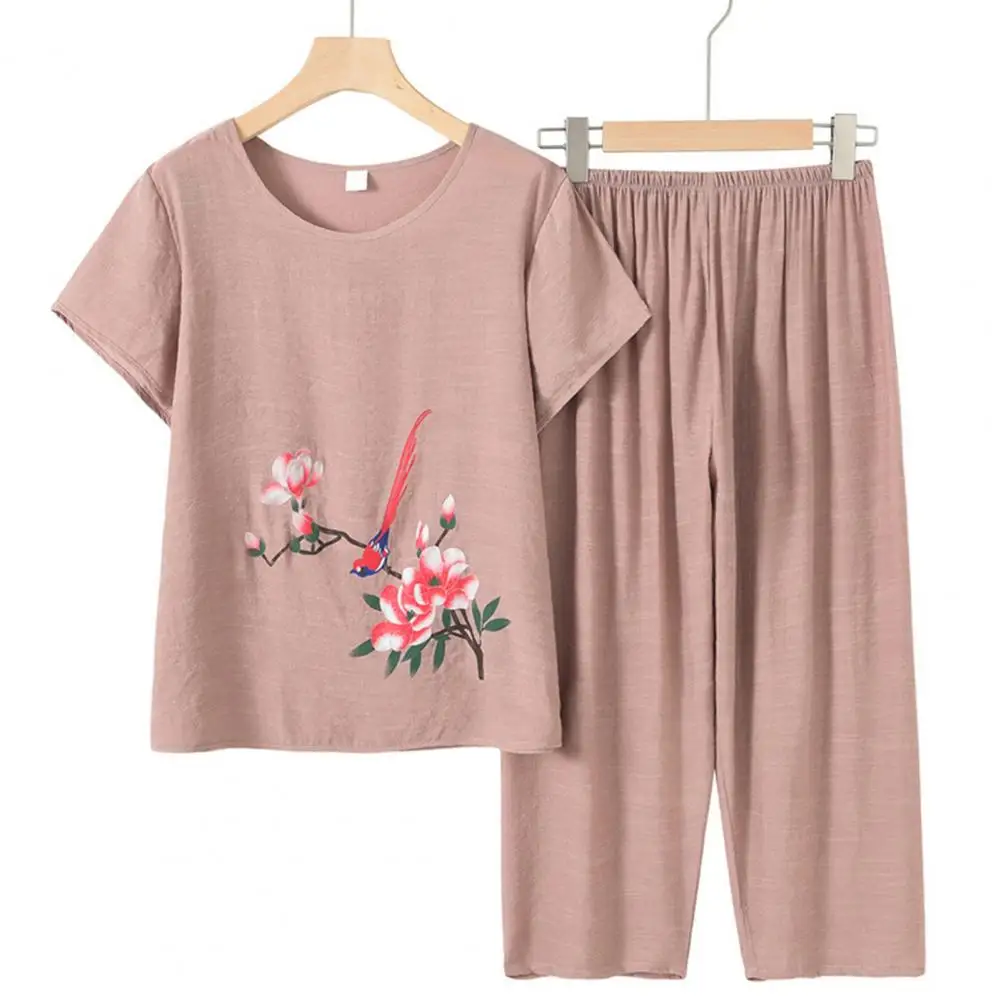 

Elastic Waist Pants Flower Print Women's Summer Pajama Set O-neck Top High Waist Pants Casual Tracksuit Outfit for Females Wide