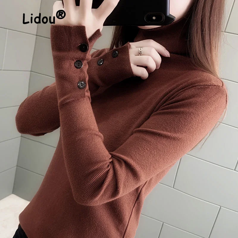 

New Solid Color Button Slim Turtleneck Knitting Bottoming Shirt Women Classic Long Sleeve Winter Interior Lapping Lady Sweaters