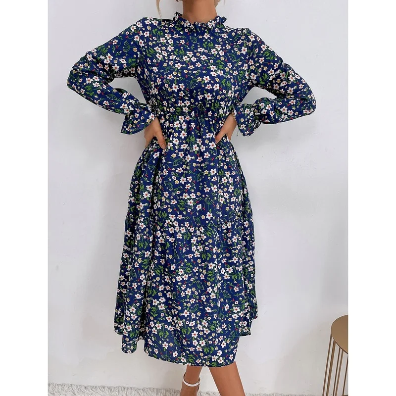 

Elegant Fashion Slim Floral Print Dress Women Spring Dress 2022 New Casual High Waist Sexy Full Flared Sleeve Midi A-line Dress
