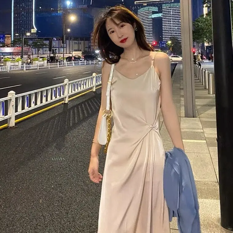

Женское атласное платье-трапеция, черное вечерние серое вечернее платье из ледяного шелка в Корейском стиле, весна-лето 2022