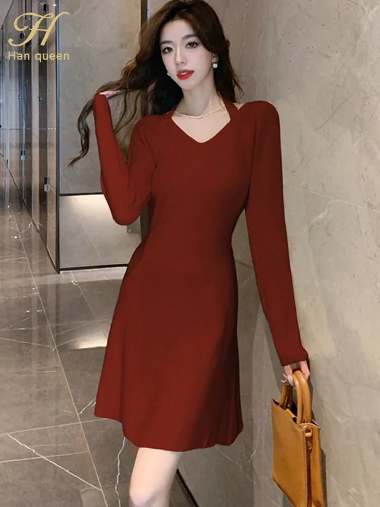 

Женское трикотажное платье-трапеция H Han Queen, элегантное простое офисное Повседневное платье с V-образным вырезом и длинным рукавом, осень 2023