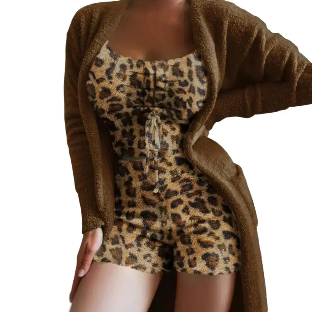 

Комплект пижамный Женский бархатный с леопардовым принтом, укороченный топ и шорты, кардиган, пальто, теплая мягкая флисовая Домашняя одежда, 3 шт./комплект