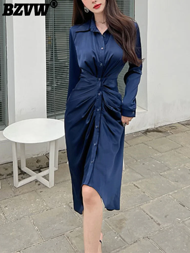 

BZVW Повседневная Уличная одежда дизайнерские платья для женщин с лацканами однотонное женское платье с высокой талией 2023 ВЕСНА Новинка 25Y0475