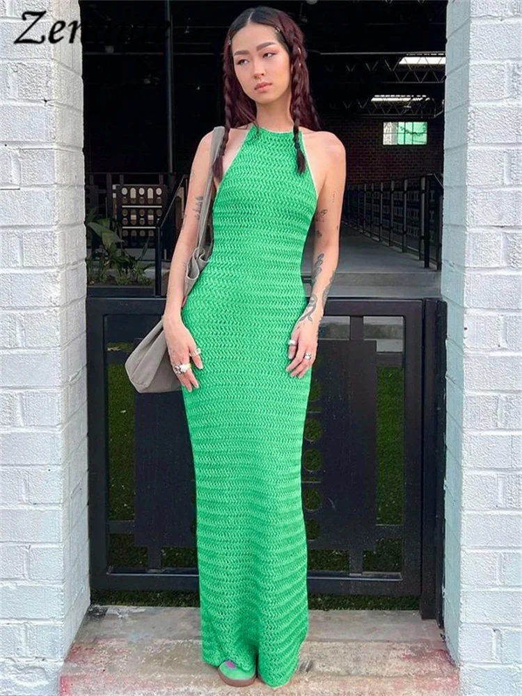 

Женское трикотажное платье макси Zenaide, зеленое прозрачное облегающее длинное платье с открытой спиной, Пляжное праздничное платье, лето 2023