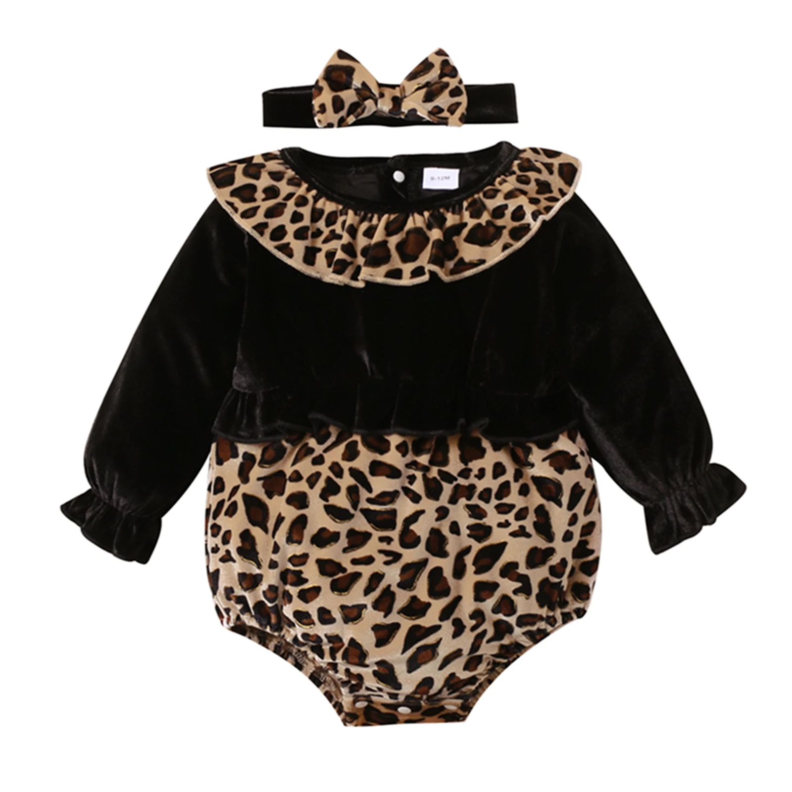 

Newborn Baby Girl Outfit Velvet Ruffle Collar Long Sleeve Leopard Printed Romper Headband Fall Winter Bodysuit Jumpsuit