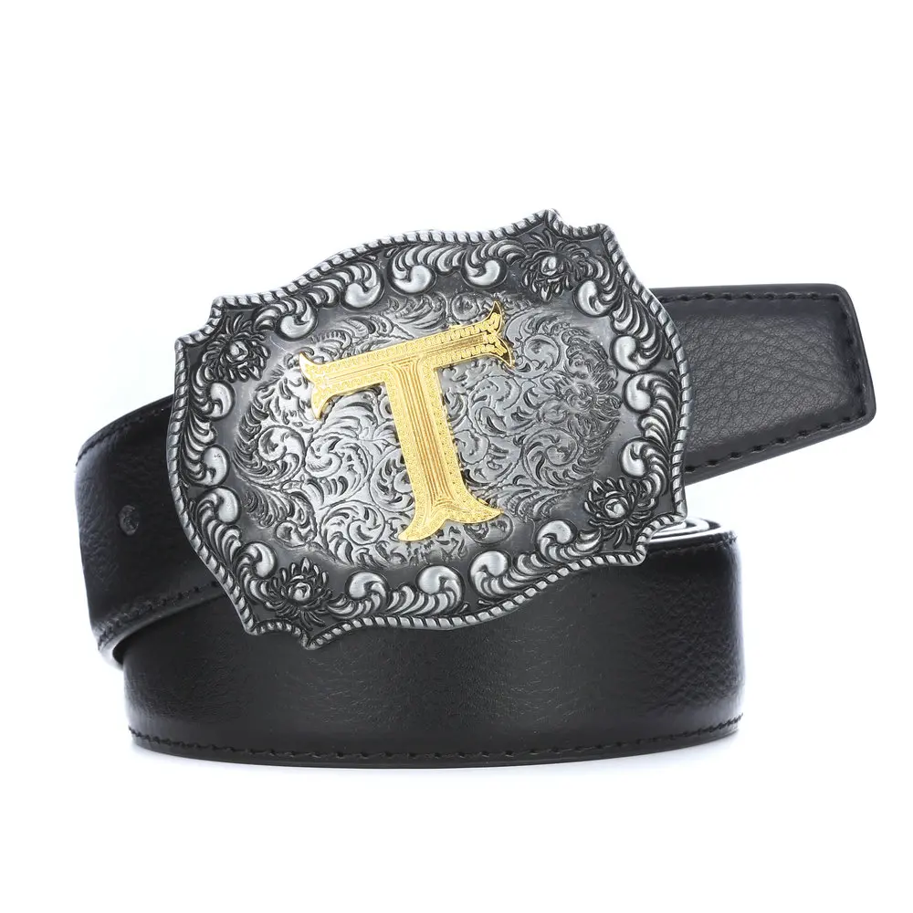 Western Zinc Alloy Buckle Leather Belts Cowboy Letters Buckle Belt Embossed Cowboy Belts for Men