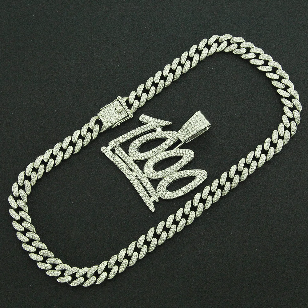 

Ins Digital Domineering Tag Pendant Cuban Necklace Miami Men's Full Diamond 1000 Points Pendant Rap Men's Hip-hop Accessories