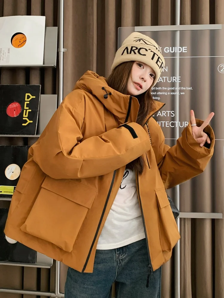 Желтая куртка-карго с капюшоном верхняя одежда женская зима 2024 новый корейский