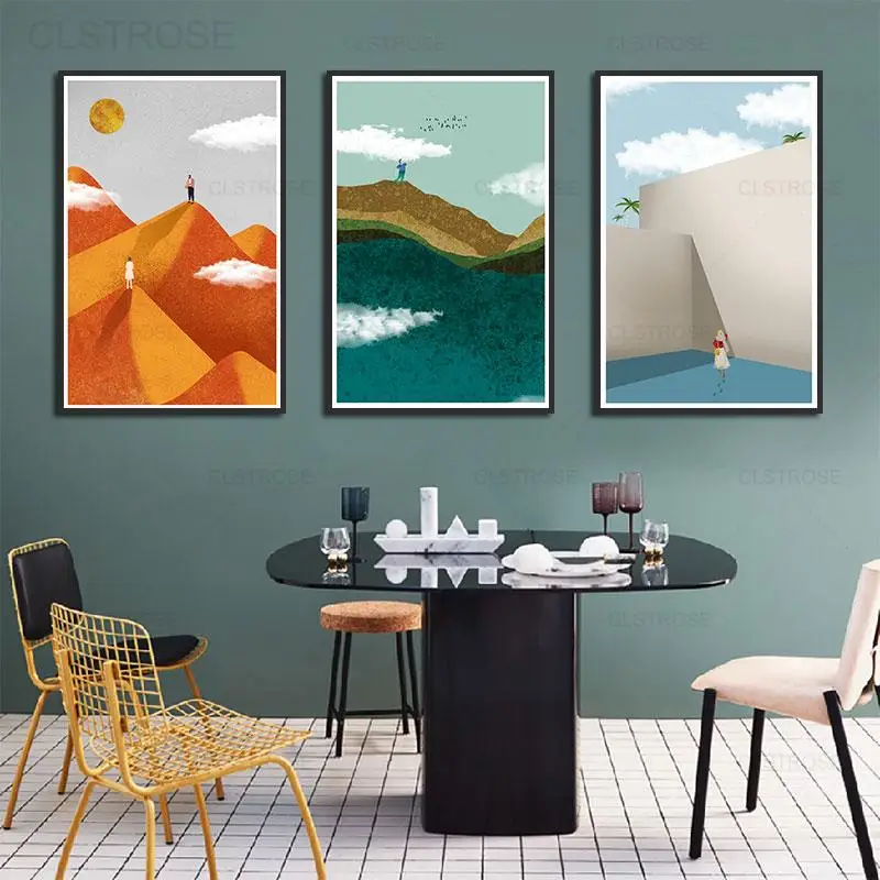

Nordic Abstract Landscape Canvas Painting Desert Oasis River View Wall Poster Modern Aesthetic Picture for Living Room Decor