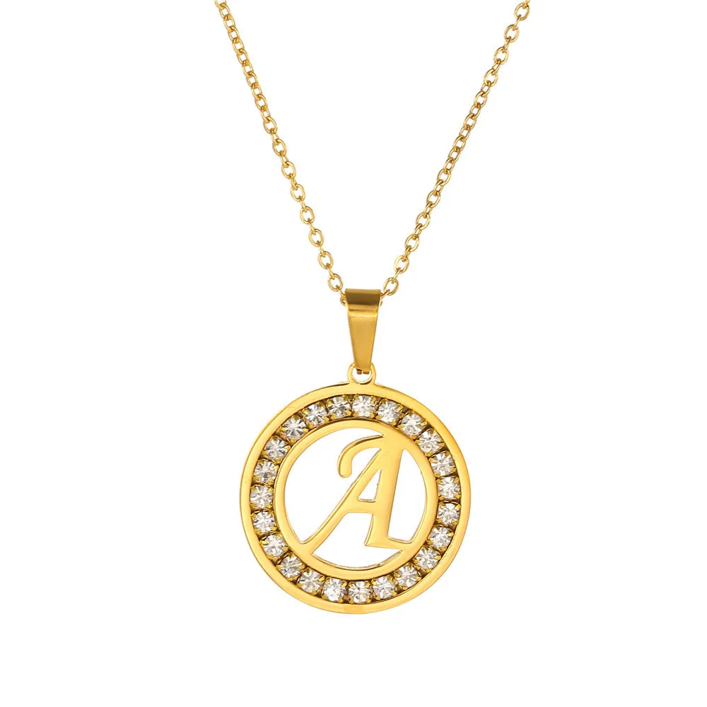 

Letter A K H N T Necklace Stainless Steel Round Diamond Letter Necklace Pendant Simple Gold English Titanium Steel Necklace