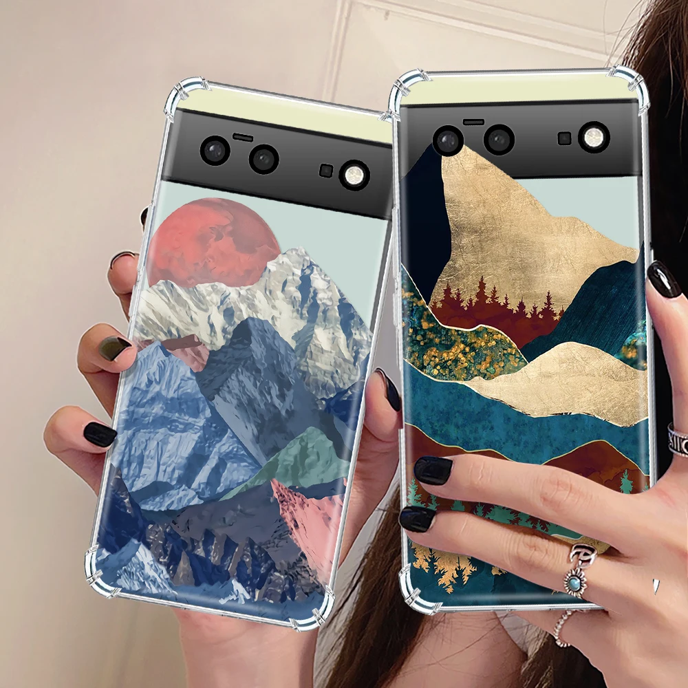 

Mountain Illustration Phone Case for Google Pixel 7a 7Pro 7 Transparent Cover for Pixel 6a 6 6Pro Shockproof Soft Silicone