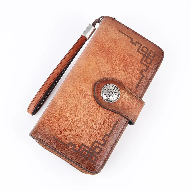 

Женский Длинный кошелек из натуральной кожи, винтажный бумажник для удостоверения личности и кредитных карт, удобная сумка с принтом, многофункциональный Дамский клатч на запястье