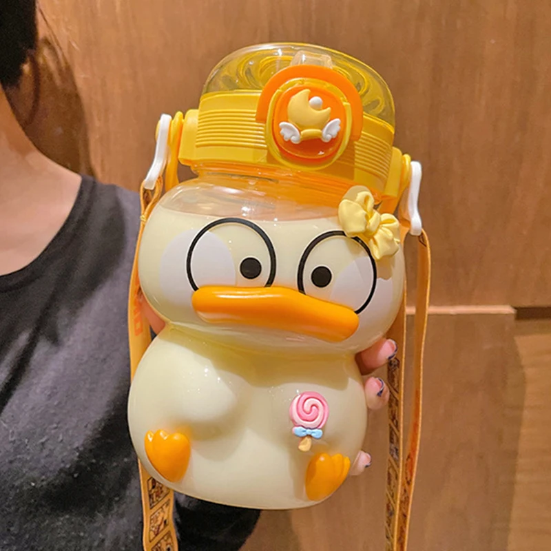 

1.2L Duck School Kids Water Bottle Plastic Tumbler With Straw Strap Free Shipping Kawaii Drinking Cup Cartoon Kettle For Girls