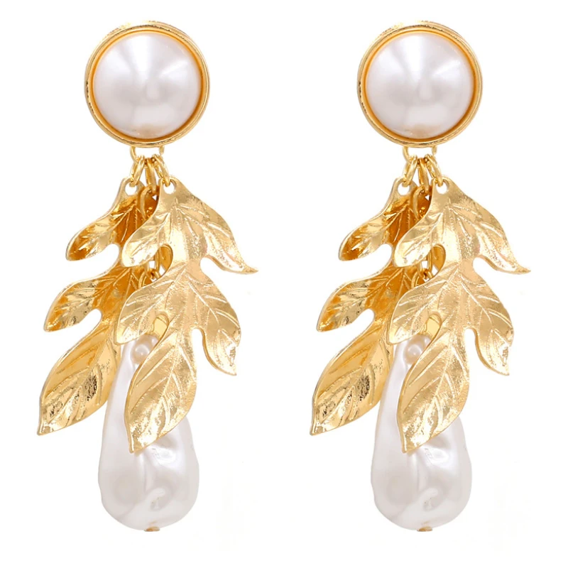 

Exaggerated Pearl Golden Leaf Tassel Earrings for Woman Party