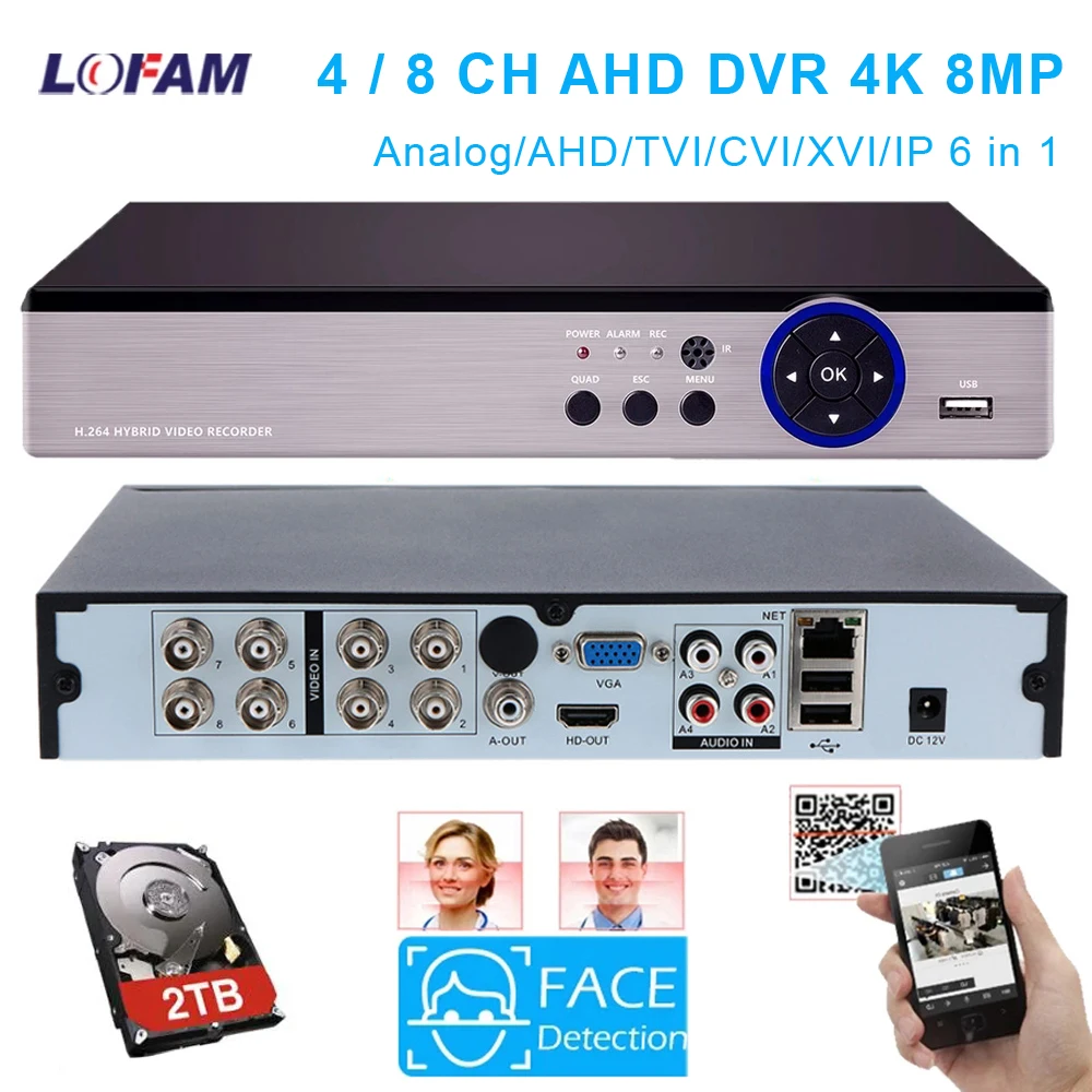 Гибридный видеорегистратор, AHD 4K 8 Мп, NVR 8 каналов 4 канала, с BNC ...