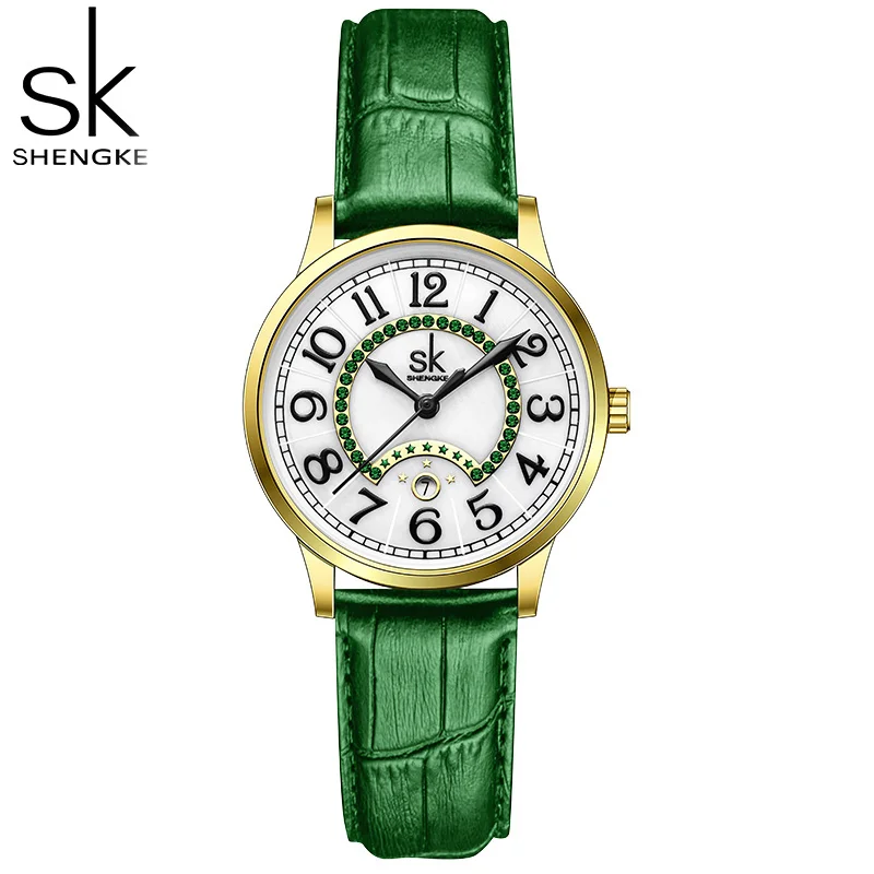 

Calender SHENGKE Fashion Green Leather Woman Strap Watches Elegant Design Ladies Watch Original Women's Quartz Wristwatches SK