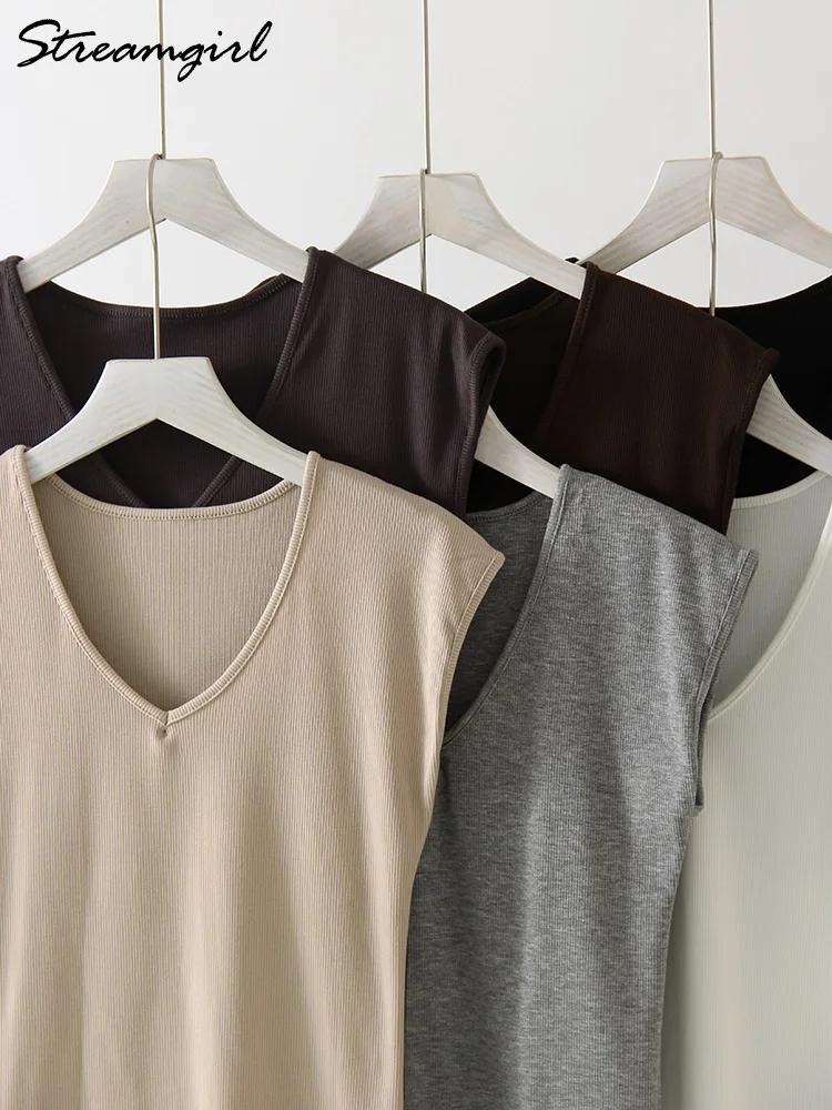 Ребристые футболки женские летние обтягивающие V Nek однотонные базовые топы без