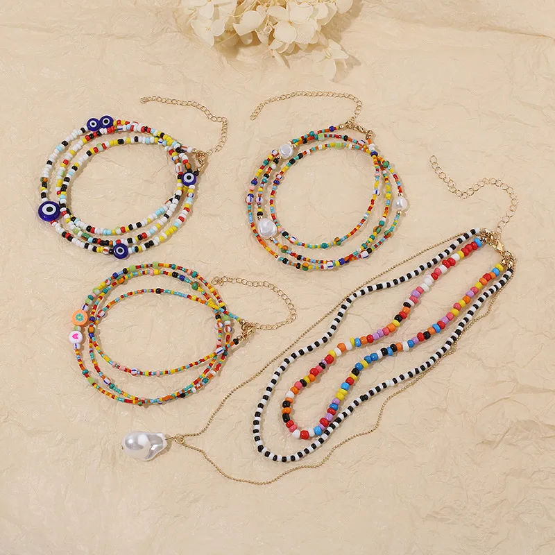 

Fashion Handmade Jewelry Pendant Bohemian Beads Pearl Layered Necklace Choker for Women