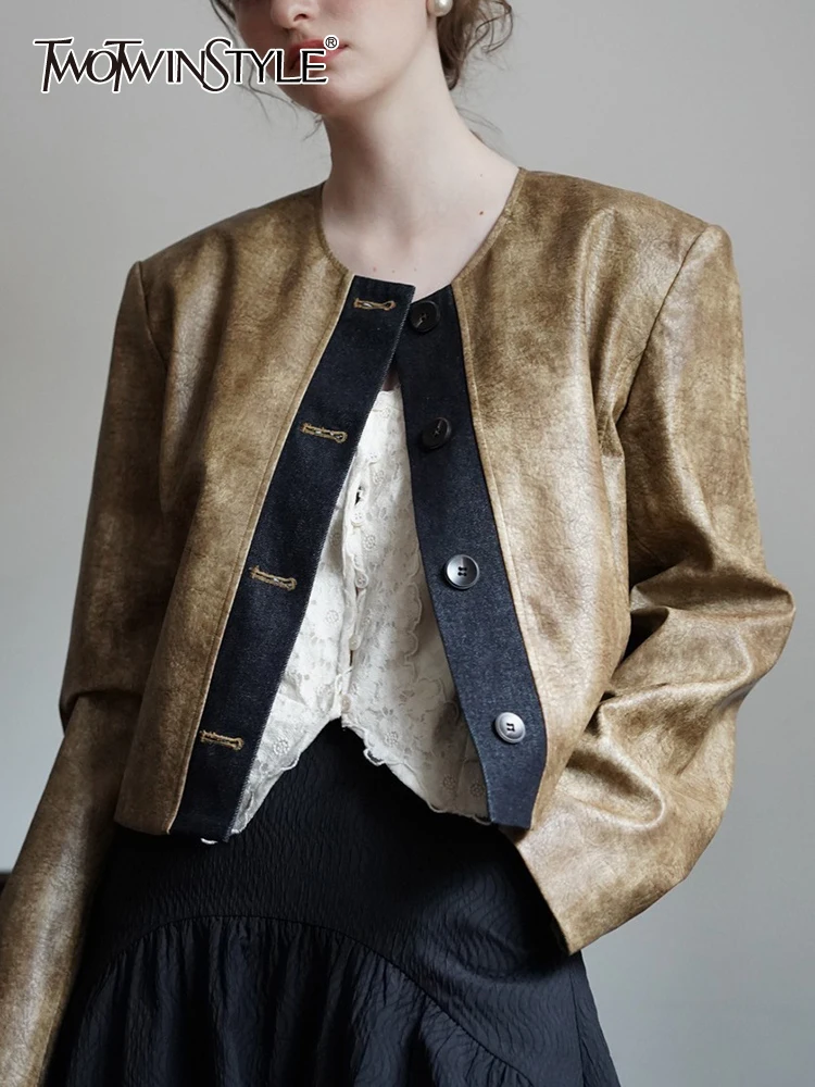 

Женское кожаное пальто TWOTWINSTYLE, облегающее однобортное пальто составного кроя с круглым вырезом и длинными рукавами