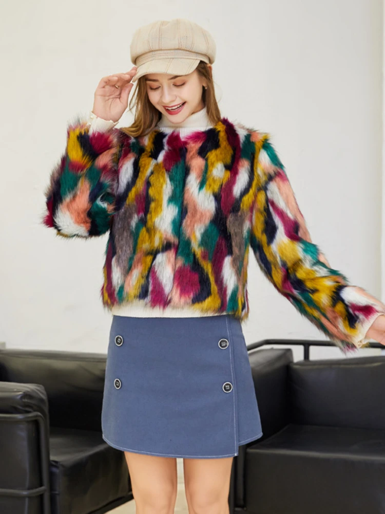 Fashion Faux Fur Colorful Fox Fur Coat Women 2022 Autumn Winter Casual Warm Short Plush Cardigan ladies High Street Outwear