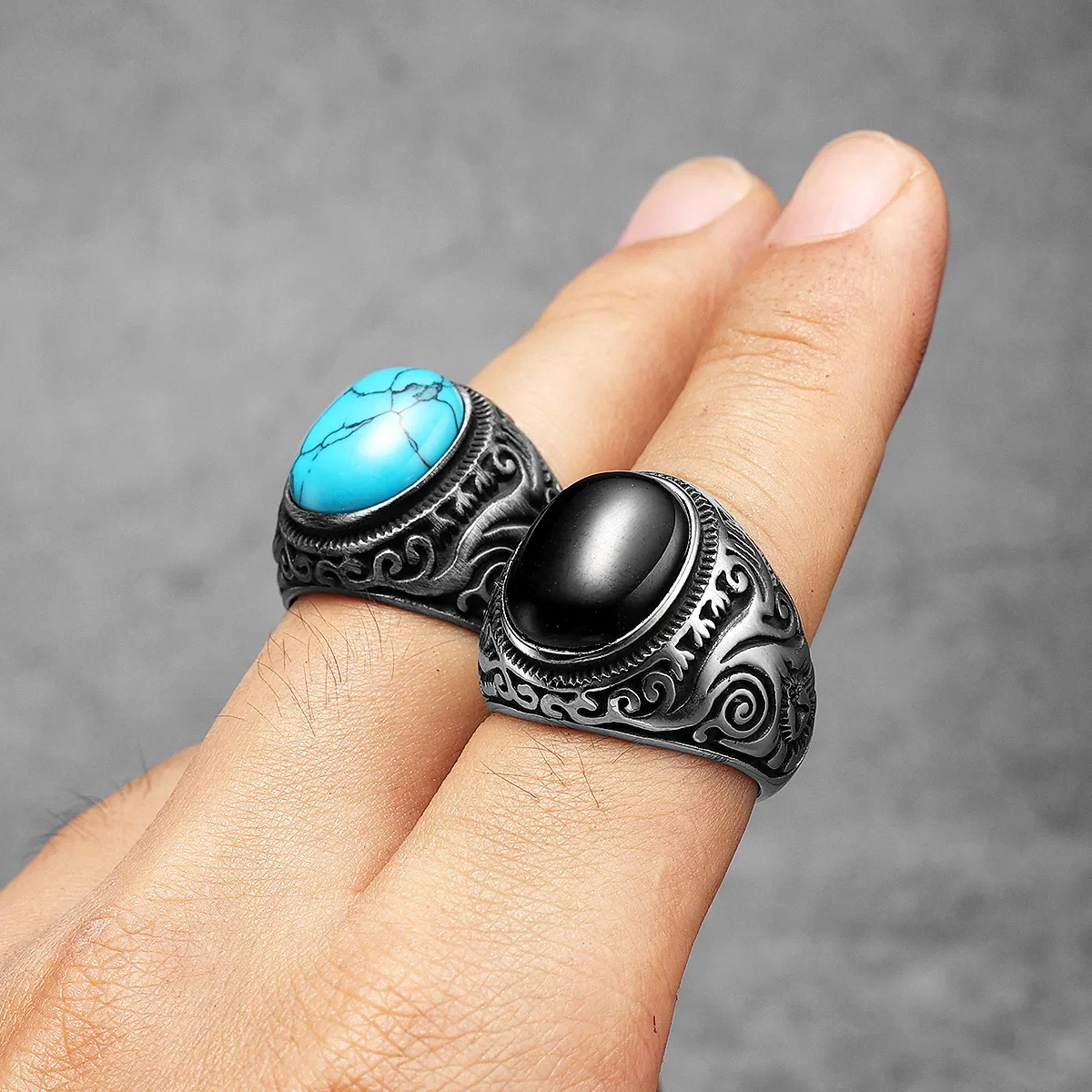 Винтажные черные бирюзовые резные мужские кольца из нержавеющей стали в стиле
