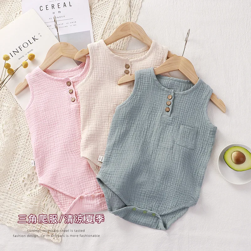 

Baby Girls And Boys Casual Plain Color Sleeveless Round Neck Onesie Clothes For Summer