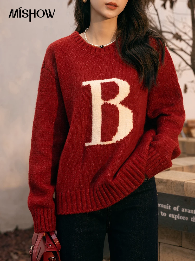 

MISHOW Thicken Sweater Women Letter Knitted Pullover 2022 Winter Warm Knit Korean Fashion Oneck Knitwear Female Tops MXB46Z1179