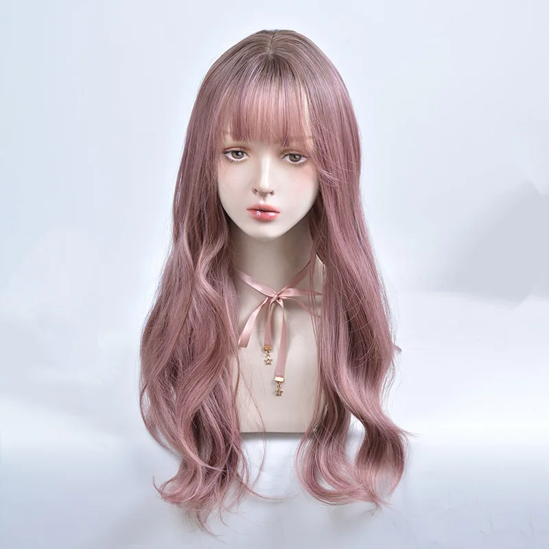

Long Curly Hair Wavy Pink Wig Women's High Temperature Resistant Synthetic Fiber Wig Role Play Lolita
