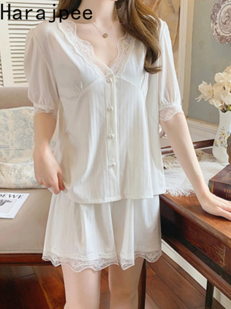 

Harajpee Lace Pajamas Two Piece Set V Neck Chic Loose Women Solid Sleepwear Short Sleeve Tops + Shorts Nightgown Casual Homewear