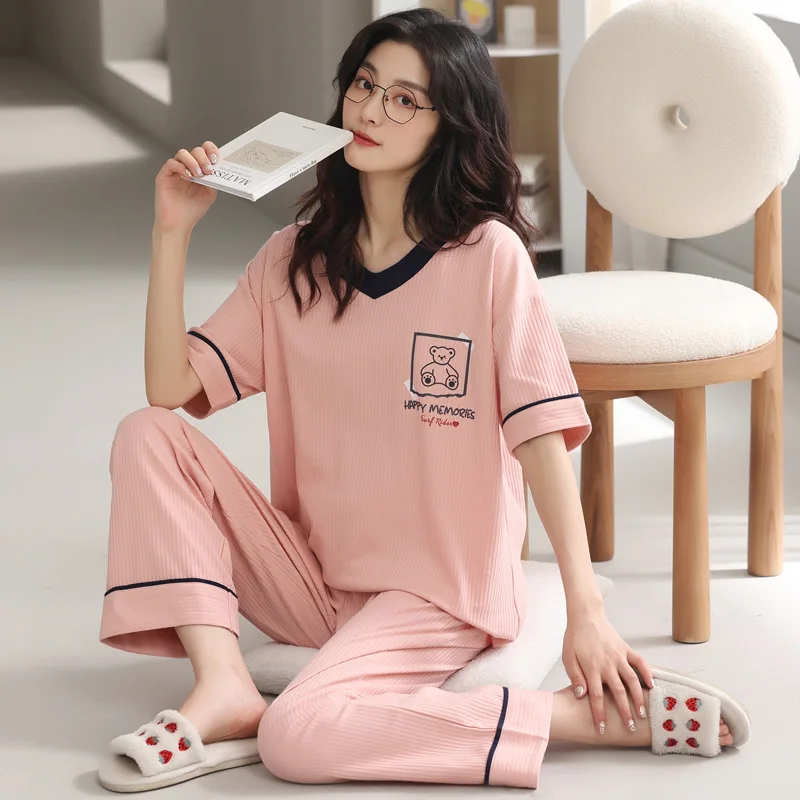 2022 Spring Summer Fashion Women's Casual Lovely Striped Sleepwear Homewear Pajamas Women Set With Calf-Lenght Pants Bear
