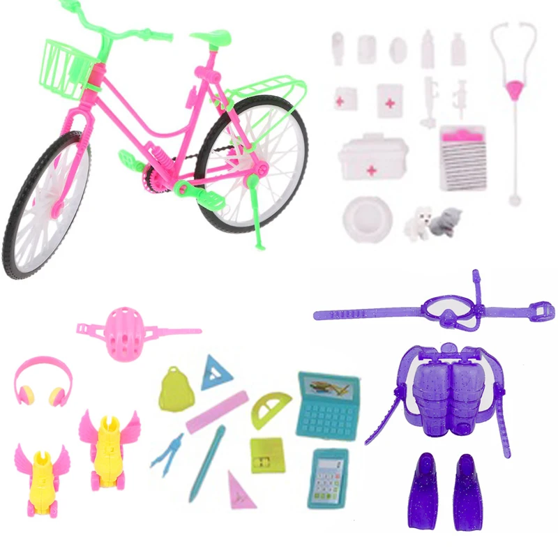 

Kids Toys For Girls 34 Items/Lot=15 Doctor Kits Dog Pet Set 16 Miniature Doll Accessories 3 Diving Kits Bike For Barbie DIY Game