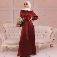 muslim dress womens casual solid color slim high waist dress womens casual lantern sleeve robe elegant lace up o neck dress