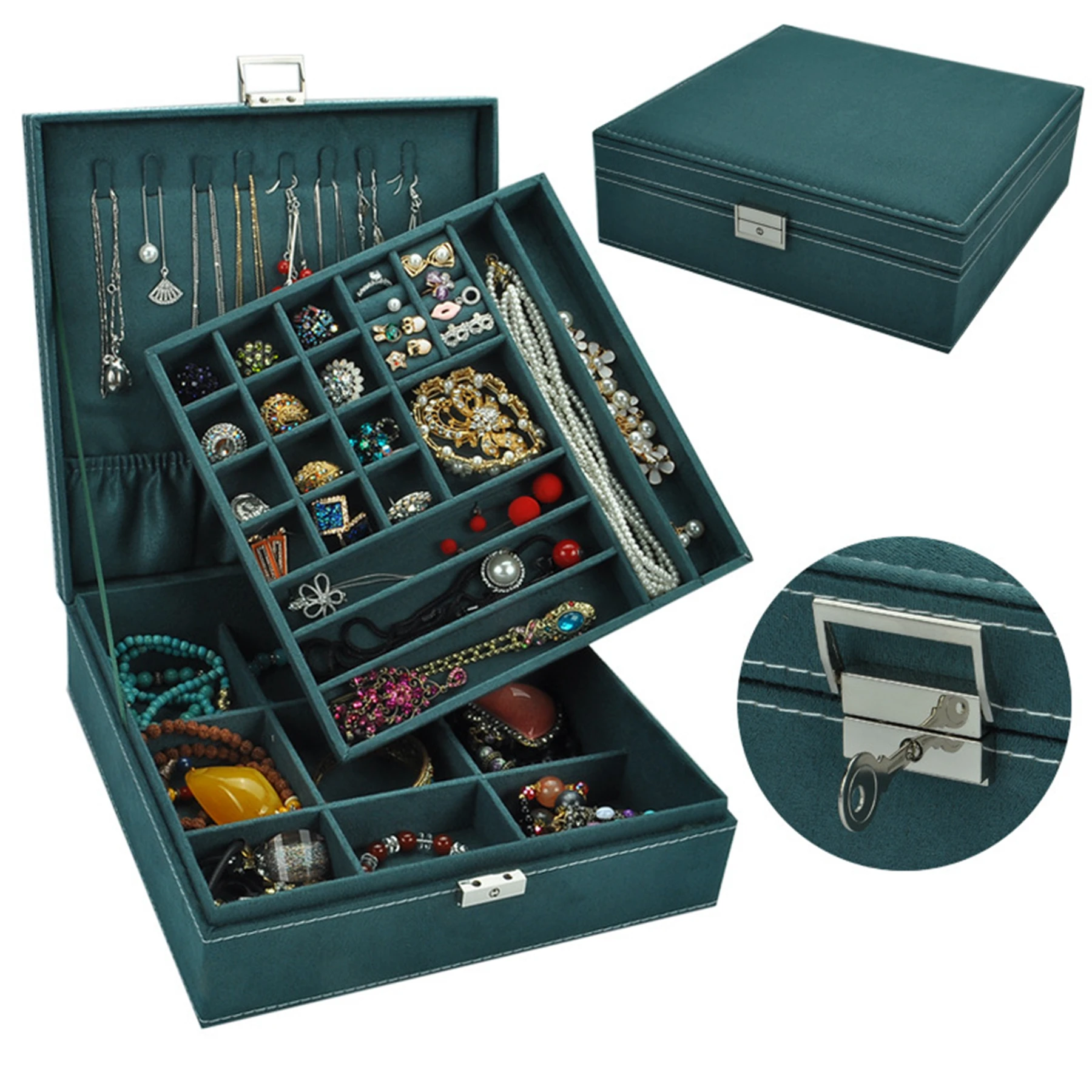Smart Organizer 2-Layer Jewery PU Box with lock for Woman Girl Wife for Earrings Bracelets Rings Watches