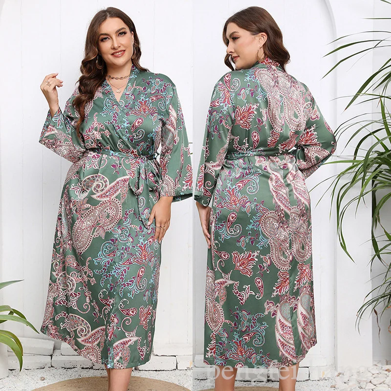 

Large Size 3Xl 4Xl 5Xl Kimono Robe Women Long Bathrobe Gown Summer New Loungewear Silk Satin Home Clothes Print Sleepwear