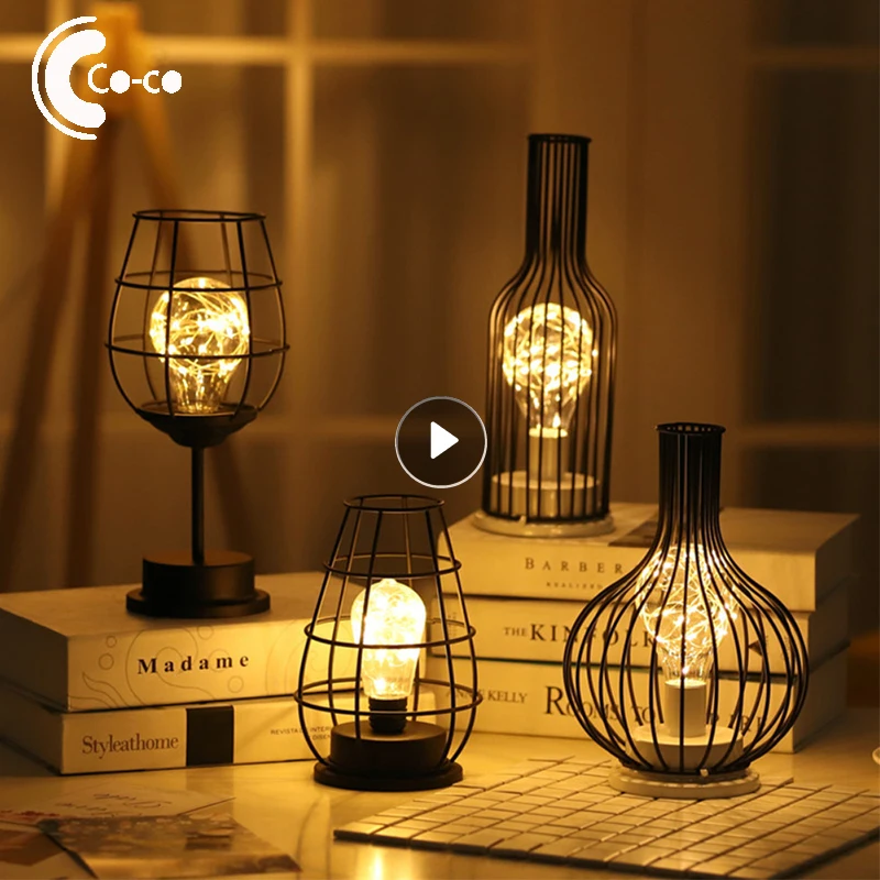 

Железные настольные лампы, минималистичный полый теплый светильник, винтажный фонарь из медной проволоки, прикроватный Настольный светиль...