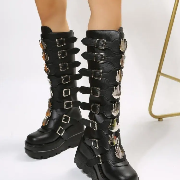 2022 New Fashion Spring Autumn Knee High Boots High Rainbow Wedges Chunky Platform Comfy Walking Gothic Style Women Shoes