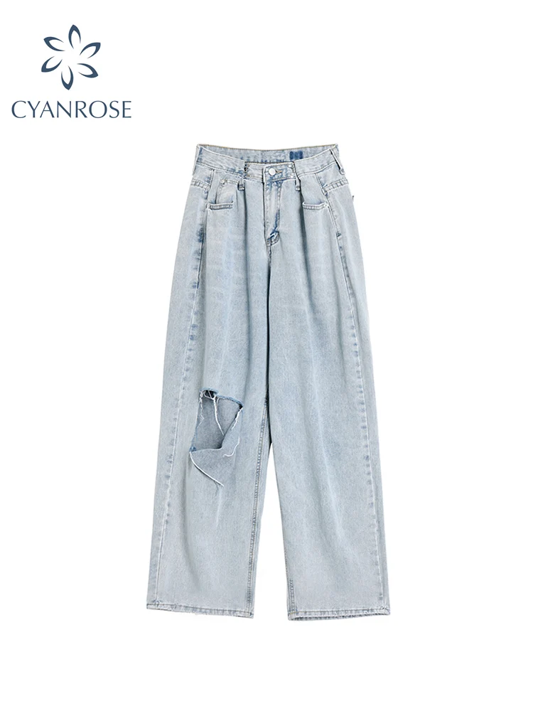 

Autumn High Waist Ripped Jeans Women 2022 Wide Leg Denim Pants Hole Blue Fashion Straight Cut Rotten Vintage Loose Jeans Female