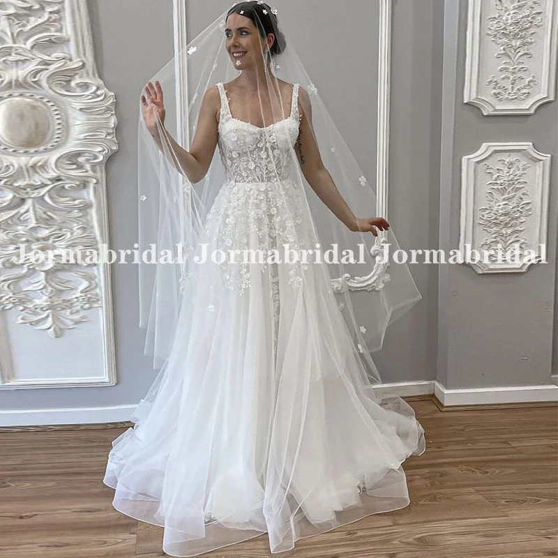 

Платье Свадебное ТРАПЕЦИЕВИДНОЕ с цветочной аппликацией, Тюлевое платье феи невесты с длинным шлейфом и квадратным вырезом, на бретелях