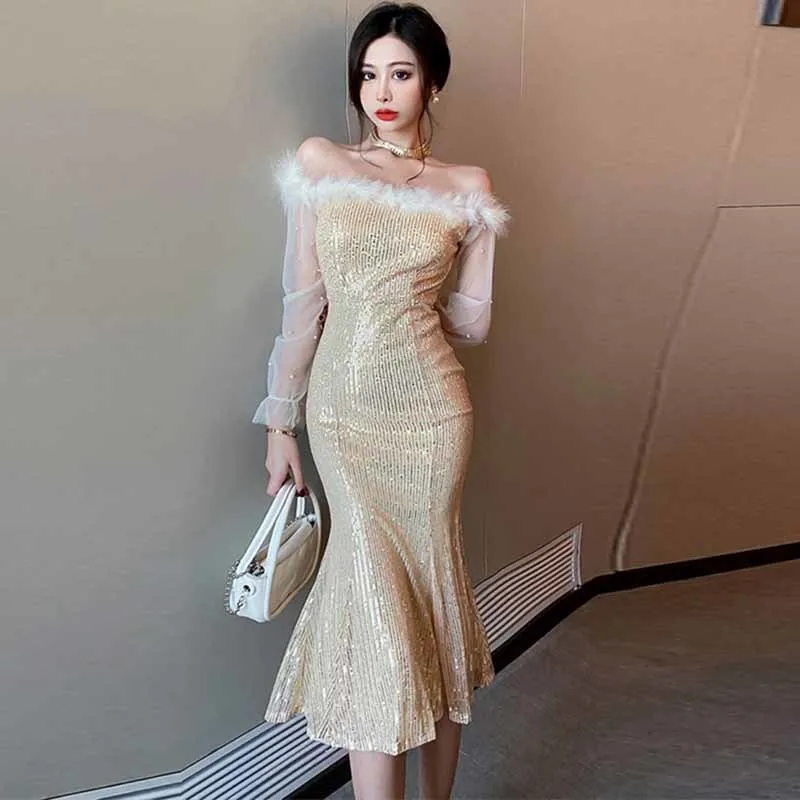 

Осенне-зимние женские элегантные платья на Новый год 2022 пушистое платье с открытыми плечами Сексуальное Женское роскошное вечернее платье ...
