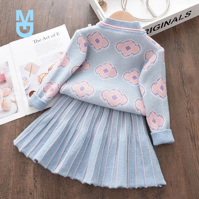 

New Baby Girls Winter Clothes Knitted Print Sweater Coat Knit Dress Two-piece Outfits Casual Autumn Kids Toddler Clothing