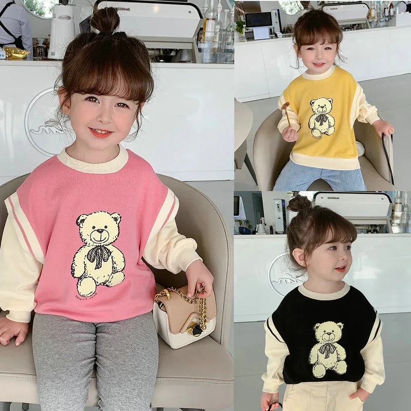 

Girls Cute Bear T-shirts Spring Autumn Kids Cartoon Print Fake Two Long Sleeve Top 3-7 Years Children Pink Yellow Black Clothes
