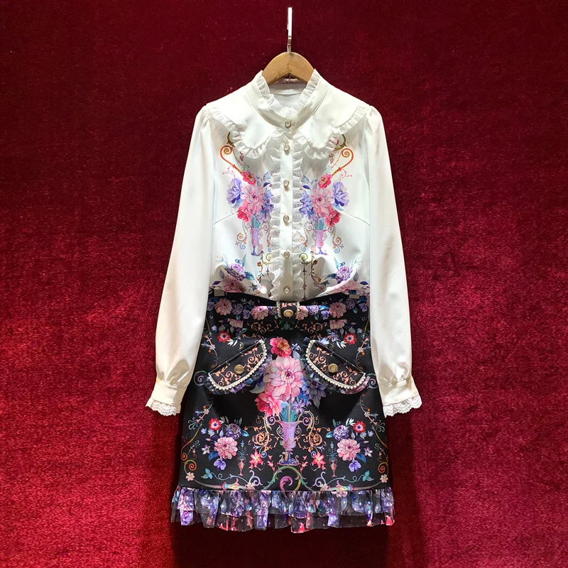 

European and American women's wear spring 2022 new Long sleeve lace print shirt Floral print fringe skirt Fashion suits